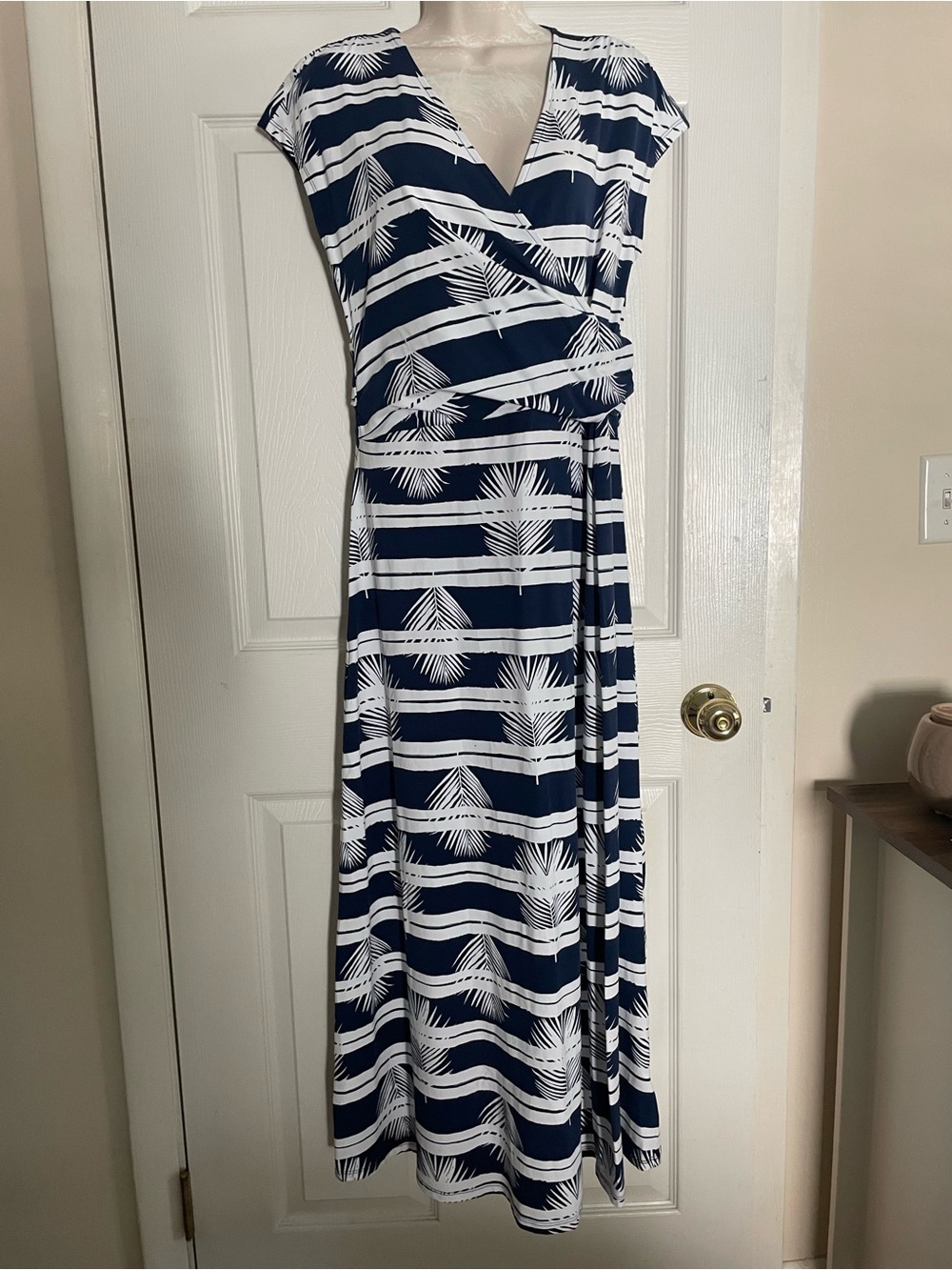 Lands End Navy & White Palm-Print Wrap Maxi Dress